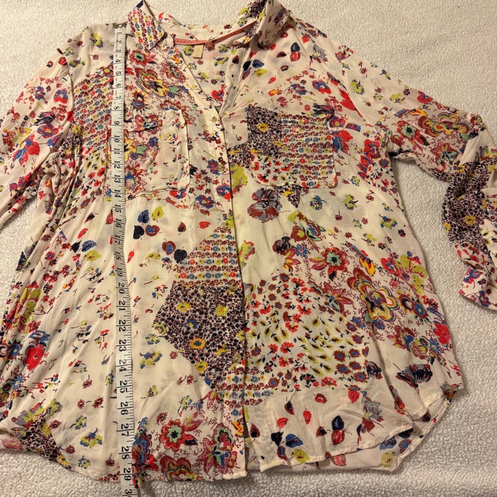 Pilcro Anthropologie The Romy Relaxed Shirt Cream Floral Print Button Front Top - Picture 6 of 10